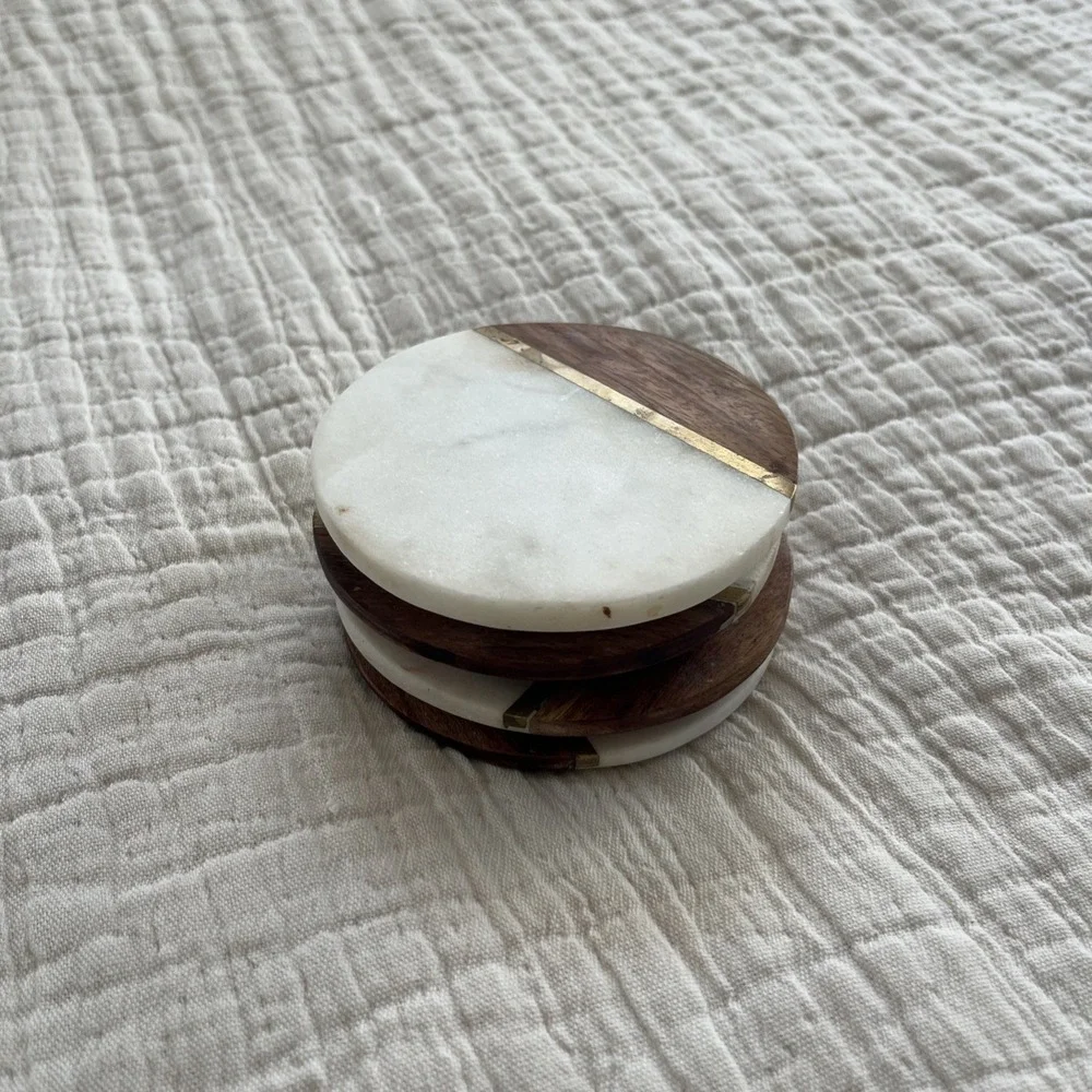 Hand Carved‎ Marble Brass & Wood Coasters - Set of 4